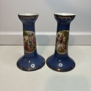 2 Epiag Blue Antique Women picnic Candlesticks Holder Czechoslovakia gold trim
